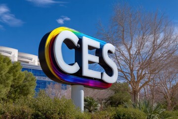 Fototapeta premium Large CES sign with rainbow detail against a blue sky and landscape setting