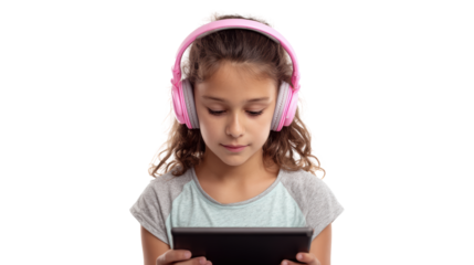 Child enjoying music on a tablet, wearing pink headphones, isolated on a white background.