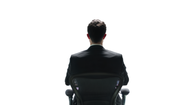 Businessman sitting in a chair, facing away, white isolate background.