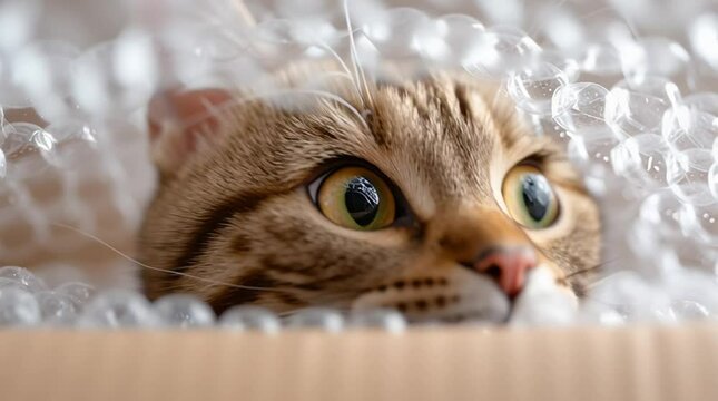 Curious cat with yellow eyes peeks through bubble wrap in moving house showing playful pet alert eyes and soft fur capturing tender moment of animal curiosity and transition during relocation process