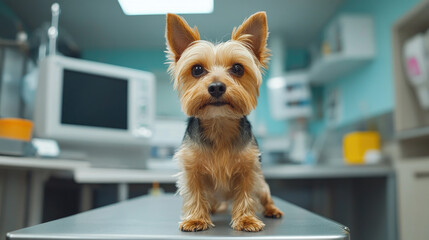 A friendly veterinarian examining a small dog on an examination table in a modern pet clinic, surrounded by medical equipment, providing professional care and ensuring the health of the pet