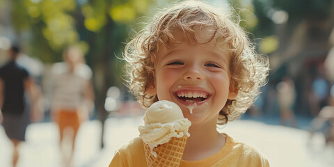 Smiling Caucasian boy holding melting vanilla ice cream cone in summer sunlight, symbolizing joy, childhood fun, and the sweet simplicity of warm weather treats and carefree moments