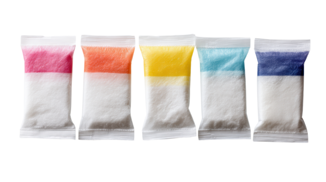 Colorful sugar packets in a row, perfect for adding sweetness to beverages.