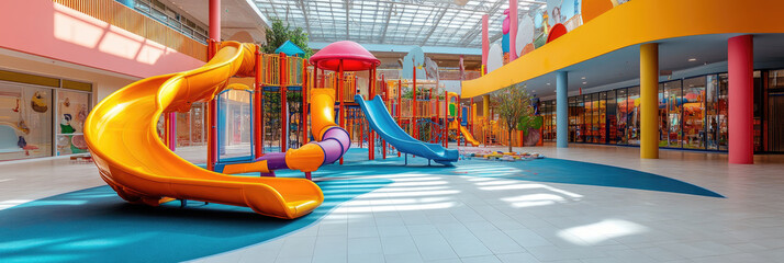 a vibrant and colorful indoor playground featuring exciting slides,climbing structures,interactive play areas,designed for children fun and adventure family-friendly shopping center,banner,copy space