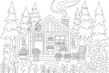 Obraz premium Cozy wooden cabin nestled in a pine forest. 