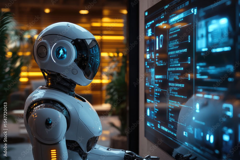 Poster futuristic automated robotics shopping assistant with holographic display in a modern minimalist hom