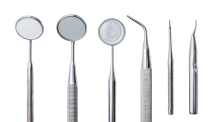 Dental tools arranged in a line on a white background, showcasing various instruments for oral health.