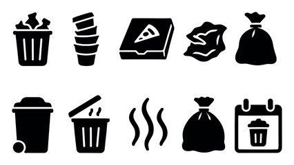 Waste management solid icon set. trash, recycling, bin, collection, cleanup graphics