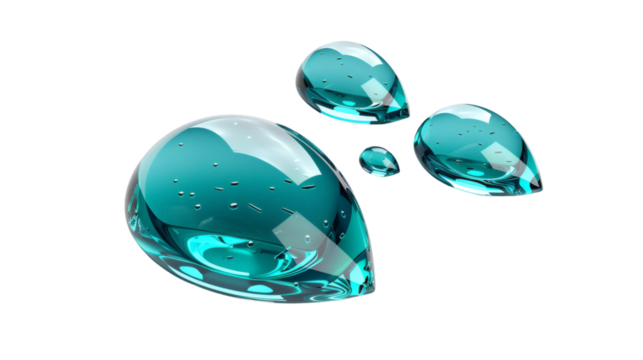 Teal blue water drops in a fluid holographic 3D render style isolated on a white background