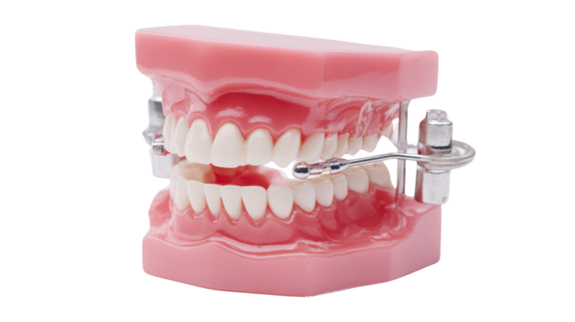 Dental model showcasing teeth alignment and orthodontic detail on a white isolated background.