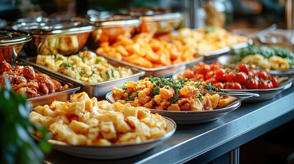 Buffet counter with vibrant assortment of warm main courses and side dishes including potatoes, cherry tomatoes, broccoli, meats, and vegetables, representing hearty lunch service