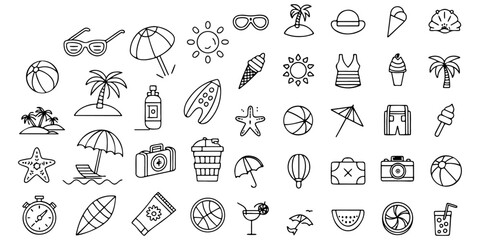 Collection of summer vacation doodle icons beach seaside holiday travel icons set, vector art.