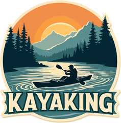 Vector emblem of person kayaking on a mountain river at sunset with pine trees and bold typography. Adventure sport concept