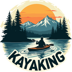 Vector illustration of a person kayaking on a mountain lake during sunset, surrounded by pine trees. Outdoor adventure scene with reflection in water