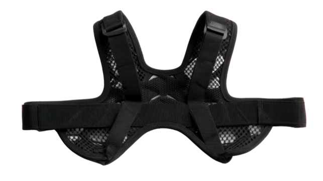 Dog harness, black color, practical design for comfortable walking, isolated on white background.