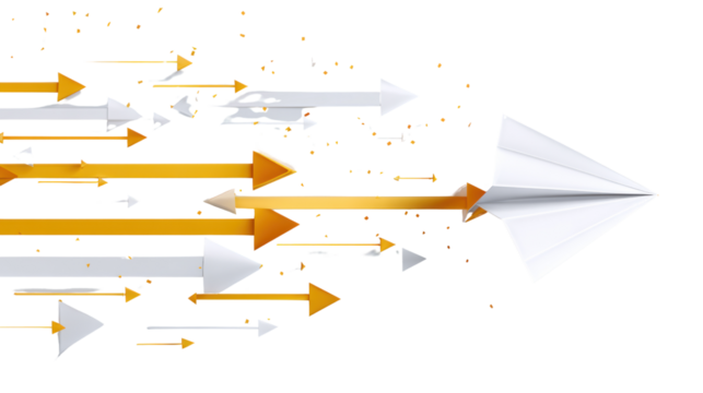Dynamic arrows in motion, symbolizing direction and progress, on a white background.