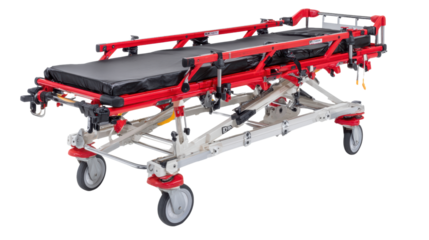 Emergency stretcher with wheels, designed for patient transport, featuring a collapsible frame and padded surface.