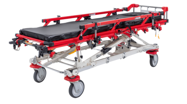 Emergency stretcher with wheels, designed for patient transport, featuring a collapsible frame and padded surface.