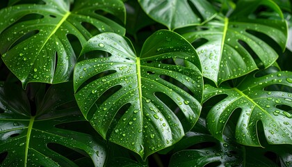 Fototapeta premium Lush Monstera Deliciosa Leaves Adorned with Sparkling Water Droplets in a Tropical Setting