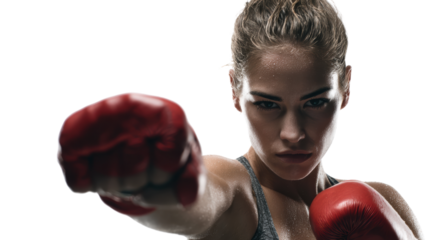 Female boxer striking a powerful pose with gloves, intense facial expression, isolated on white background.