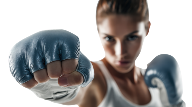 Female boxer in action with a strong punch isolated on white background.
