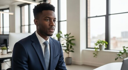 Fototapeta premium Professional african american businessman portrait in modern office corporate headshot for linkedin profile