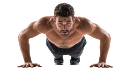Fit man performing push-ups, white isolate background.