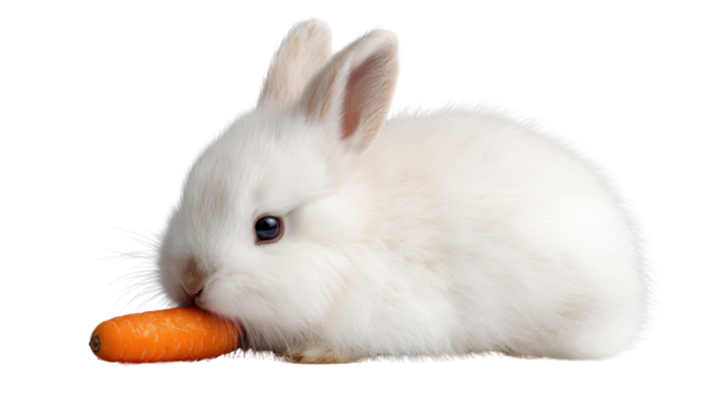 Fluffy white bunny sitting with a carrot, white isolated background.
