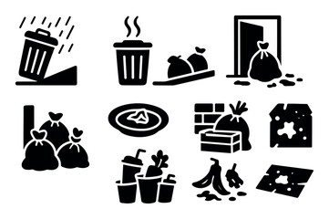 Waste management solid icon set: trash disposal, recycling bin, waste segregation icons