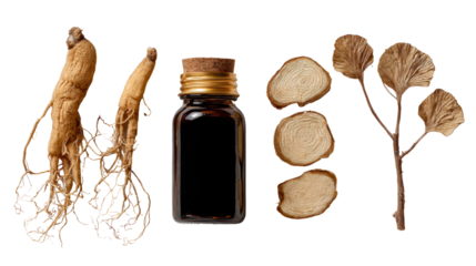 Ginseng roots, slices, and extract bottle on white isolate background.