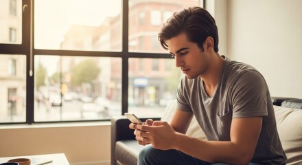 Man using smartphone at home by window: lifestyle, technology, communication, relaxation, social media, app use