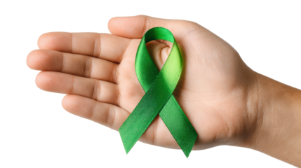 Green awareness ribbon held in hand, symbolizing support for various causes, against white isolate background.