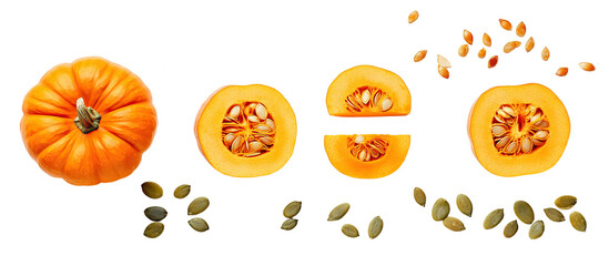 Orange pumpkin with flesh and seed displays