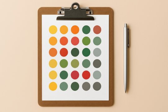 Colorful Circle Grid on Clipboard Demonstrates Data Visualization and Design Thinking, paired with minimalist pen for creative planning.