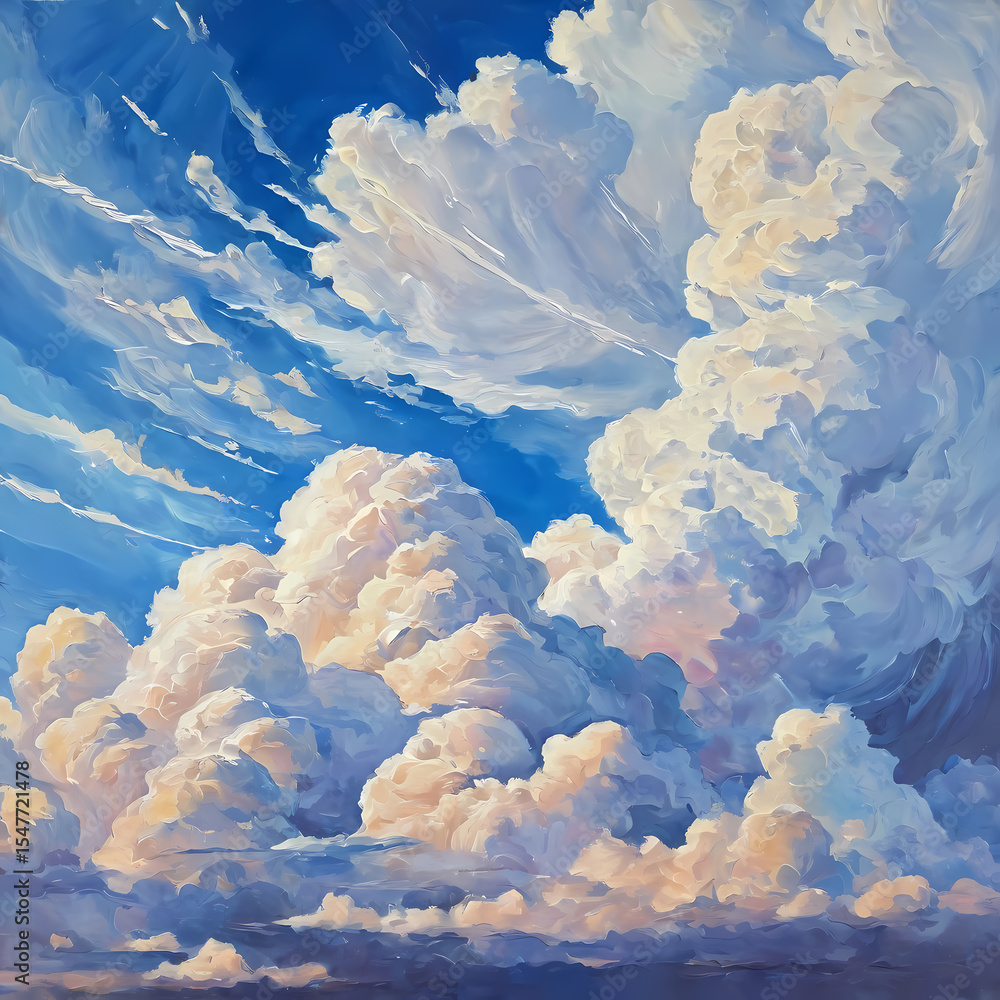 Poster Dramatic clouds swirl and cascade against a striking blue sky as the sun sets on the horizon, illuminating the sky with soft hues of pink and gold, creating an enchanting atmosphere Generative AI