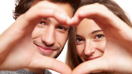 Happy couple making heart shape with hands, expressing love and connection, white isolate background.