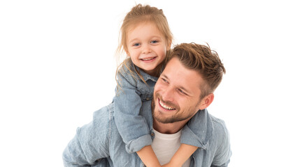 Happy father and daughter enjoying playful moments together, white isolate background.
