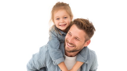 Happy father and daughter enjoying playful moments together, white isolate background.