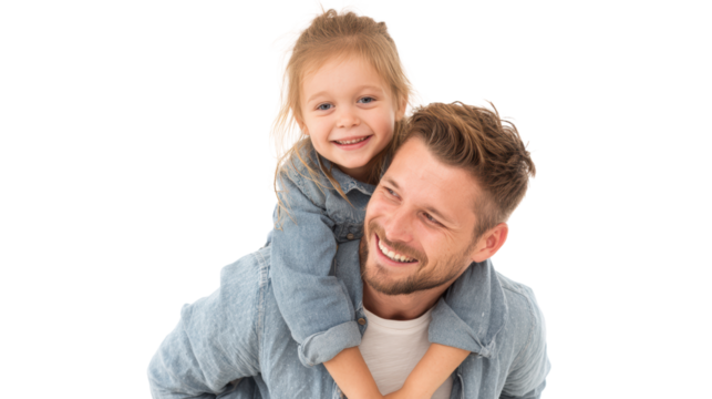 Happy father and daughter enjoying playful moments together, white isolate background.