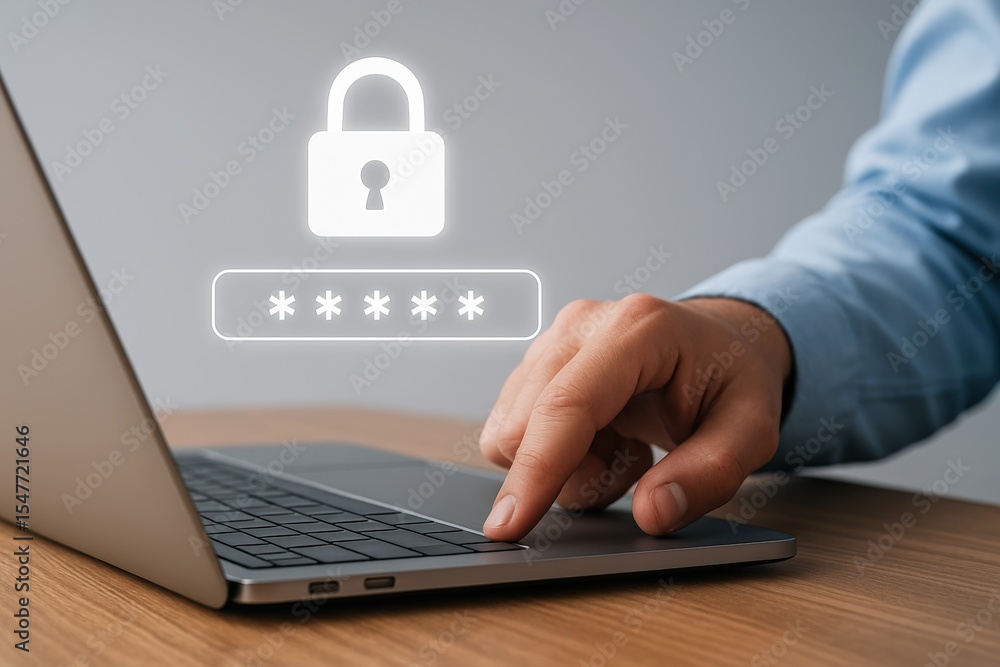 Poster entering secure password on laptop computer displays digital lock and asterisks, ensuring online pri