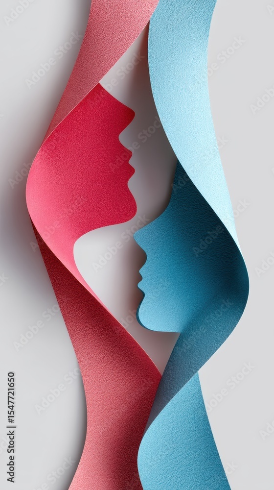 Poster gender equity awareness concept. two abstract faces intertwine in red and blue, symbolizing connecti