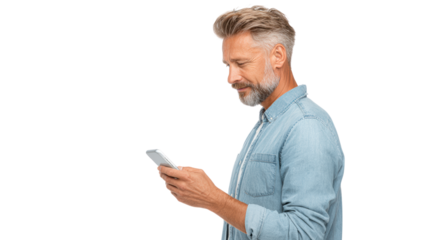 Man using smartphone, isolated on white background.