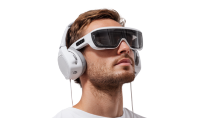 Man wearing augmented reality glasses and headphones, focused expression, white isolate background.