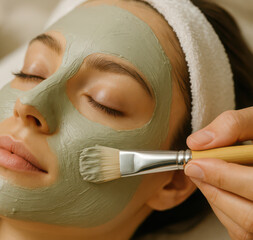 Relaxing spa experience with facial clay mask application for skincare and relaxation