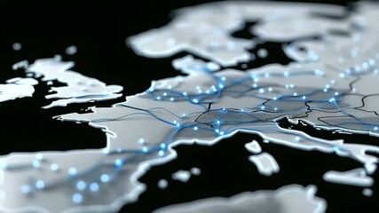 Isometric 3D Map of Europe with Digital City Pins and Rivers_