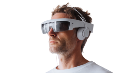 Man wearing futuristic augmented reality glasses with headphones, isolated on a white background.