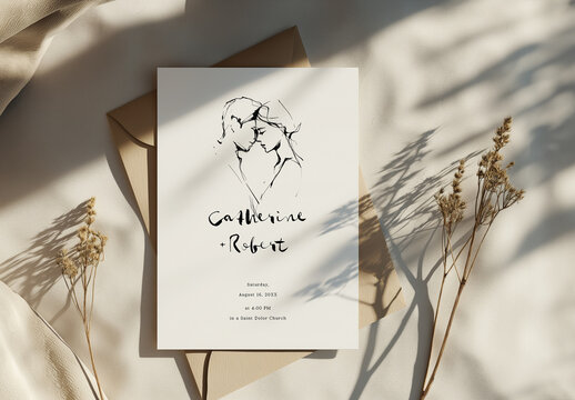 Invitation For Wedding With Simple Line Drawing