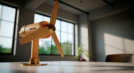 Wooden Wind Turbine Model On Office Desk Clean Energy Concept
