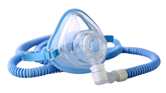 Medical respiratory mask with blue tubing on a white isolate background.