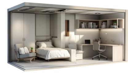 Modern bedroom interior with a workspace, minimalistic design, and contemporary furniture.